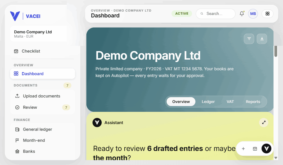 Vacei bookkeeping dashboard