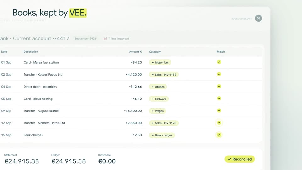 Books kept by VEE: a bank account reconciled line by line