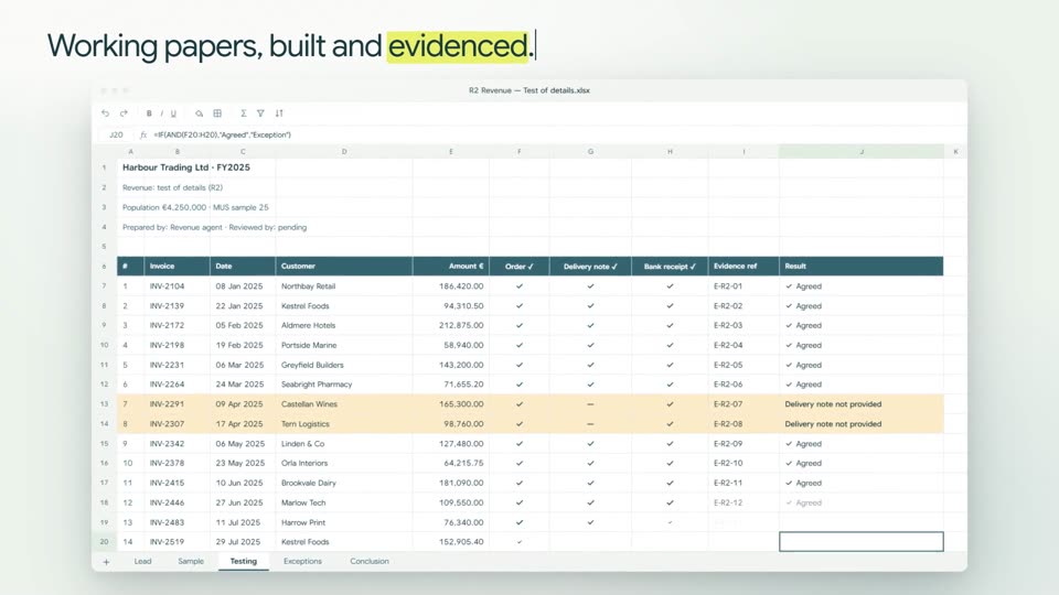 Working papers built and evidenced, with exceptions highlighted